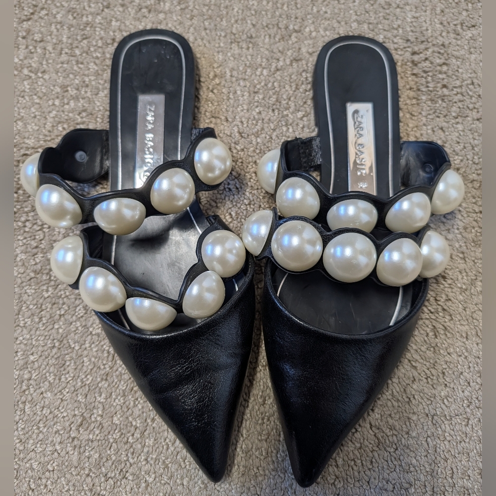 Zara Womens Pearl Strap Mules Pointed Flats Black 36 Blogger Favorite Influencer - Picture 2 of 9